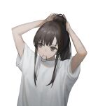  1girl bare_arms brown_eyes brown_hair commentary hair_tie_in_mouth hands_up highres long_hair looking_away mouth_hold original ponytail shirt short_sleeves simple_background solo subfiction t-shirt tying_hair upper_body white_background white_shirt 
