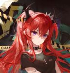  1girl arknights baitao_seven bangs black_shirt chinese_commentary commentary_request cross cross_necklace crown hair_between_eyes hair_intakes highres horns jewelry long_hair looking_at_viewer mini_crown necklace official_alternate_costume redhead ring shirt short_sleeves solo surtr_(arknights) surtr_(liberte_echec)_(arknights) upper_body violet_eyes 
