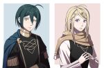  1boy 1girl ahoge akamatsu_kaede alternate_costume alternate_hair_ornament bangs black_hair blonde_hair blue_background brown_eyes cheer_(cheerkitty14) dangan_ronpa_(series) dangan_ronpa_v3:_killing_harmony fingers_together fire_emblem grey_background hair_between_eyes hair_ornament hairclip highres long_sleeves looking_at_viewer pink_background saihara_shuuichi scarf short_hair symbol_commentary uniform violet_eyes 