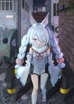  1girl animal_ears azur_lane commentary_request detached_sleeves hair_over_one_eye light_blue_hair long_hair long_sleeves looking_at_viewer nano_illustrator open_mouth pantyhose rabbit_ears red_eyes road shirayuki_(azur_lane) single_thighhigh solo street thick_eyebrows thigh-highs trash_can white_legwear 
