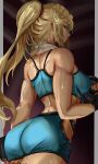  1girl absurdres ass back bare_shoulders blonde_hair blue_eyes blue_shorts blue_sports_bra from_behind high_ponytail highres long_hair luminx_x metroid metroid_dread muscular muscular_female samus_aran shorts sports_bra sweat 