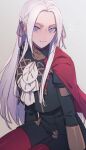  1girl artist_request cape closed_mouth cravat edelgard_von_hresvelg fire_emblem fire_emblem:_three_houses garreg_mach_monastery_uniform gloves hair_ornament hair_ribbon long_hair long_sleeves looking_at_viewer red_cape ribbon simple_background smile solo uniform violet_eyes white_hair 