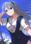  1girl absurdres arm_behind_head bangs black_hairband blue_eyes blue_sky clannad commentary day dutch_angle grey_hair hairband highres hikarizaka_private_high_school_uniform long_hair looking_at_viewer outdoors power_lines sakagami_tomoyo school_uniform see-through_silhouette short_sleeves sky solo turbo_engine_(rakugaki_tabo) 