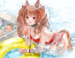  1girl :d angelina_(arknights) angelina_(summer_flowers)_(arknights) animal_ears arknights black_collar blush bow brown_hair collar commentary_request cowboy_shot cup drinking_glass drinking_straw earpiece food fox_ears fox_girl fox_tail hair_bow highres holding holding_cup infection_monitor_(arknights) innertube jewelry leaning_forward long_hair looking_at_viewer nanaponi necklace official_alternate_costume one-piece_swimsuit open_mouth pancake partially_submerged red_bow red_eyes red_swimsuit see-through smile solo swimsuit tail twintails upper_teeth wading water 