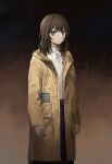  1girl absurdres bangs black_background blue_eyes brown_background brown_coat brown_hair closed_mouth coat commentary cowboy_shot expressionless highres long_sleeves looking_at_viewer medium_hair open_clothes open_coat original shirt skirt sleeves_past_wrists solo subfiction white_shirt 