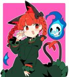  1girl :d animal_ears bangs black_bow border bow braid cat_ears cat_tail cowboy_shot dress extra_ears frilled_dress frills green_dress hair_bow hitodama ini_(inunabe00) kaenbyou_rin long_sleeves looking_at_viewer multiple_tails nekomata open_mouth pink_background red_eyes redhead side_braids simple_background slit_pupils smile solo standing tail touhou twin_braids two_tails white_border 