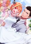 1boy 1girl animal_ears artist_name bangs black_eyes black_hair black_neckwear bouquet breasts carrying collared_shirt couple dragon_ears dragon_girl dress facial_hair flower flower_necklace grey_suit hair_behind_ear hetero holding holding_bouquet hololive jewelry kiryu_coco kiryuu_kazuma kyou_fumei looking_to_the_side marriage medium_breasts necklace necktie one_eye_closed orange_flower pink_flower pointy_ears princess_carry ryuu_ga_gotoku shirt smile stubble v-shaped_eyebrows violet_eyes virtual_youtuber wedding wedding_dress white_dress white_shirt