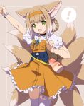  ! 1girl animal_ears arknights black_choker blonde_hair bottle choker commentary cowboy_shot dress fox_ears fox_girl fox_tail frilled_dress frills green_eyes hairband hand_up highres kitsune kyuubi minowa_sukyaru multicolored_hair multiple_tails open_mouth orange_dress orange_hairband rabbit short_hair_with_long_locks solo spoken_exclamation_mark suzuran_(arknights) tail thigh-highs two-tone_hair watch watch white_hair white_legwear white_sleeves 