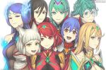  6+girls animal_ears black_hair blonde_hair blue_hair breasts brighid_(xenoblade) cat_ears chest_jewel everyone gem gofelem green_hair headpiece large_breasts morag_ladair_(xenoblade) multiple_girls mythra_(xenoblade) nia_(xenoblade) pandoria_(xenoblade) pneuma_(xenoblade) poppi_(xenoblade) poppi_qtpi_(xenoblade) pyra_(xenoblade) redhead silver_hair xenoblade_chronicles_(series) xenoblade_chronicles_2 