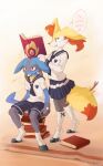 1boy 1girl :3 ancesra animal_ear_fluff animal_ears animal_nose annoyed black_footwear black_fur blue_fur blue_neckwear blue_sailor_collar blue_shorts blue_skirt blush body_fur book book_stack braixen closed_mouth commentary ears_down english_commentary english_text fang fox_ears fox_girl fox_tail furry gen_4_pokemon gen_6_pokemon happy highres indoors kneehighs light_blush lucario miniskirt motion_lines musical_note neckerchief open_book open_mouth pleated_skirt pokemon pokemon_(creature) red_eyes sailor_collar school_uniform shirt shoes short_sleeves shorts sideways_mouth sitting sitting_on_object sketch skirt smile snout socks speech_bubble spoken_musical_note standing stick sweat tail talking v-shaped_eyebrows wavy_mouth white_fur white_legwear white_shirt wolf_boy wolf_ears wolf_tail yellow_fur 