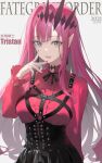  1girl arm_behind_head black_choker black_skirt breasts center_frills choker fang fate/grand_order fate_(series) frills grey_eyes hair_intakes hair_ornament hand_up highres long_hair long_sleeves looking_at_viewer medium_breasts nail_polish neck_ribbon open_mouth pink_hair pink_shirt pleated_skirt pointy_ears red_nails ribbon seon_(seonon_) shirt shirt_tucked_in sidelocks skirt slit_pupils solo strap tristan_(fairy_knight)_(fate) underbust upper_body very_long_hair 