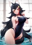 1girl :o absurdres animal_ear_fluff animal_ears bangs bare_legs black_choker black_hair black_swimsuit blurry blurry_background blush breasts brown_eyes choker commentary_request commission cowboy_shot eyebrows_visible_through_hair hair_ornament hand_on_own_chest hands_up higashigure highres hololive large_breasts long_hair looking_at_viewer multicolored_hair one-piece_swimsuit ookami_mio redhead sideboob skeb_commission solo standing strap_pull streaked_hair swimsuit tail tail_around_leg very_long_hair virtual_youtuber wading water wolf_ears wolf_girl wolf_tail
