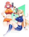  2girls absurdres bangs blonde_hair breasts cosplay earrings gun highres holding holding_gun holding_weapon jarckius jewelry large_breasts long_hair metroid multiple_girls mythra_(xenoblade) pyra_(xenoblade) red_eyes redhead samus_aran samus_aran_(cosplay) short_hair short_shorts shorts swept_bangs thighs tiara very_long_hair weapon xenoblade_chronicles_(series) xenoblade_chronicles_2 yellow_eyes zero_suit 
