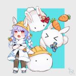  1girl 3others animal_ear_fluff animal_ears black_gloves black_legwear black_leotard blue_hair braid carrot carrot_hair_ornament chibi coat crossed_arms don-chan_(usada_pekora) food-themed_hair_ornament full_body fur_scarf gloves hair_ornament hardhat hat hayate_fish helmet hololive leotard leotard_under_clothes multicolored_hair multiple_others nousagi_(usada_pekora) open_mouth pantyhose rabbit_ears rabbit_girl red_eyes twin_braids twintails two-tone_hair usada_pekora virtual_youtuber white_coat white_hair yellow_headwear 