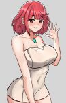  1girl absurdres bangs breasts chest_jewel desspie gem highres large_breasts naked_towel pyra_(xenoblade) red_eyes redhead short_hair simple_background solo swept_bangs towel xenoblade_chronicles_(series) xenoblade_chronicles_2 