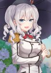  1girl blue_eyes breasts epaulettes frilled_sleeves frills highres holding holding_umbrella jacket kantai_collection kashima_(kancolle) kerchief large_breasts long_sleeves military military_jacket military_uniform monoku neckerchief red_neckwear sidelocks silver_hair solo twintails umbrella uniform upper_body wavy_hair white_jacket 