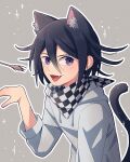  1boy :d absurdres animal_ear_fluff animal_ears bangs black_hair black_scarf cat_boy cat_ears cat_tail checkered checkered_neckwear checkered_scarf cheer_(cheerkitty14) dangan_ronpa_(series) dangan_ronpa_v3:_killing_harmony english_commentary extra_ears fang grey_background grey_hoodie hair_between_eyes hand_up highres hood hoodie long_sleeves looking_at_viewer male_focus open_mouth ouma_kokichi outline scarf smile solo sparkle straitjacket tail upper_body violet_eyes white_outline white_scarf 