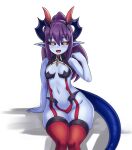  1girl :d bangs bare_arms bare_shoulders black_sclera blue_skin breasts colored_sclera colored_skin commentary demon_(monster_girl_encyclopedia) demon_girl demon_horns eyebrows_visible_through_hair fang hair_between_eyes highres horns long_hair looking_at_viewer medium_breasts monster_girl_encyclopedia nav navel open_mouth pointy_ears ponytail purple_hair red_legwear simple_background sitting skindentation smile solo tail thigh-highs white_background yellow_eyes 