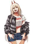  1girl black_coat black_shorts brown_eyes chainsaw_man choker coat cowboy_shot drip_(meme) eyebrows_visible_through_hair hair_between_eyes highres horns light_brown_hair long_hair looking_at_viewer midriff navel open_mouth power_(chainsaw_man) print_coat red_choker red_horns shadow sharp_teeth shirt short_sleeves shorts simple_background smile solo supreme teeth tina_fate very_long_hair white_background white_shirt 