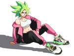  1girl aqua_eyes dragon_ball dragon_ball_super earrings green_hair highres jacket jewelry kefla_(dragon_ball) long_sleeves looking_at_viewer midriff navel pants pink_jacket shadow shoes simple_background solo spiky_hair sports_bra tina_fate white_background white_footwear white_sports_bra 