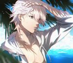  1boy bangs blurry collarbone dangan_ronpa_(series) dangan_ronpa_2:_goodbye_despair dangan_ronpa_s:_ultimate_summer_camp dated depth_of_field hair_between_eyes hand_on_own_head hood hood_down hoodie jacket komaeda_nagito long_sleeves male_focus meipoi ocean official_alternate_costume open_clothes open_jacket open_mouth palm_tree sleeves_past_elbows solo symbol_commentary tree twitter_username upper_body white_hair white_jacket 