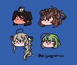  4girls :&lt; ahoge bangs blue_background blush braid brown_hair closed_eyes closed_mouth green_hair grey_hair hair_ornament hairclip hat headgear kantai_collection long_hair mole mole_under_eye multicolored_hair multiple_girls orange_suesaburou purple_hair scirocco_(kancolle) sheffield_(kancolle) simple_background smile take_(kancolle) twitter_username two_side_up washington_(kancolle) 