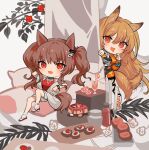  2girls :d angelina_(arknights) angelina_(summer_flowers)_(arknights) animal_ears arknights bangs bare_shoulders black_choker blush brown_hair ceobe_(arknights) ceobe_(summer_flowers)_(arknights) chibi choker commentary_request dog_ears eyebrows_visible_through_hair fox_ears fox_tail grey_background hair_ribbon highres infection_monitor_(arknights) long_hair looking_at_viewer multiple_girls off_shoulder open_mouth red_eyes red_ribbon ribbon sandals sitting smile spacelongcat tail twintails 