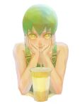  1girl absurdres bright_pupils cup drinking drinking_straw foo_fighters green_hair green_overalls highres jojo_no_kimyou_na_bouken short_hair simple_background smile solo stone_ocean white_background white_pupils yellow_eyes yellowuyellowu 