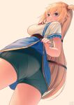  1girl akai_haato ass bangs blonde_hair blue_eyes blue_skirt blush closed_mouth commentary_request cowboy_shot dutch_angle eyebrows_visible_through_hair from_behind green_shorts hair_between_eyes hair_ornament hair_ribbon heart heart_hair_ornament high-waist_skirt highres hololive long_hair magowasabi nail_polish one_side_up pantylines red_nails ribbon shirt short_shorts short_sleeves shorts shorts_under_skirt signature simple_background skirt smile solo standing twitter_username very_long_hair virtual_youtuber white_background white_shirt 