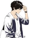  1boy artist_logo bag bangs black_hair closed_mouth collarbone from_side green_eyes grey_jacket hand_in_hair hand_up highres hyouka jacket long_sleeves male_focus mery_(yangmalgage) oreki_houtarou profile shirt short_hair signature simple_background sleeves_past_elbows solo upper_body watch watch white_background 