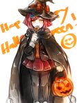  1girl candy cloak dangan_ronpa_(series) dangan_ronpa_v3:_killing_harmony english_text feet_out_of_frame food hair_ornament hairpin halloween hat jack-o&#039;-lantern licking lollipop red_skirt riyuta school_uniform shirt skirt smile undershirt witch_hat yellow_shirt yumeno_himiko 