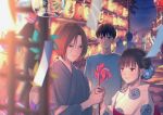  1girl 2boys absurdres blurry blurry_foreground brown_eyes brown_hair floral_print flower grey_kimono hair_flower hair_ornament highres huge_filesize japanese_clothes kimono lantern macaronk multiple_boys night original outdoors paper_lantern pinwheel shirt short_hair smile summer_festival t-shirt wind_chime 