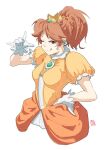  1girl \m/ alternate_eye_color automatic_giraffe breasts brown_hair crown dress earrings english_commentary flower_earrings gloves hair_behind_ear hand_on_hip jewelry juliet_sleeves long_sleeves super_mario_bros. medium_breasts one_eye_closed orange_dress ponytail princess_daisy puffy_sleeves red_eyes smile solo tied_hair tongue tongue_out upper_body white_gloves 