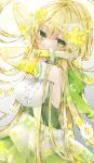  1girl absurdres bangs blonde_hair breasts bubble detached_sleeves dress flower frills green_dress green_eyes hair_flower hair_ornament highres huge_filesize long_hair looking_at_viewer medium_breasts original see-through sleeveless sleeveless_dress solo very_long_hair wako_morino white_flower yellow_flower 