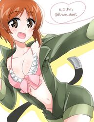  1girl bangs belt bikini bikini_under_clothes black_belt bow bow_bikini breasts brown_eyes brown_hair commentary dated dutch_angle eyebrows_visible_through_hair frilled_bikini frills girls_und_panzer girls_und_panzer_senshadou_daisakusen! green_jumpsuit hinase_(twoxout) long_sleeves looking_at_viewer medium_breasts navel nishizumi_miho off_shoulder official_alternate_costume open_jumpsuit open_mouth pink_bikini short_hair short_jumpsuit smile solo standing swimsuit twitter_username 