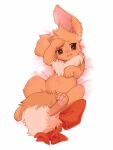  :3 ancesra animal_focus bed_sheet blush brown_eyes brown_theme commentary_request dakimakura_(medium) eevee english_commentary fang fluffy full_body gen_1_pokemon half-closed_eye happy highres looking_away looking_to_the_side lying mixed-language_commentary no_humans nose_blush on_back open_mouth partial_commentary pawpads pokemon pokemon_(creature) red_ribbon ribbon smile solo spread_legs uneven_eyes 