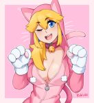  1girl :d animal_costume animal_ears artist_name bell blonde_hair blue_eyes blush breasts cat_costume cat_ears cat_tail collar eyebrows_visible_through_hair gloves highres jewelry large_breasts long_hair looking_at_viewer super_mario_bros. neck_bell one_eye_closed open_mouth princess_peach rob_ishi smile solo tail white_gloves 