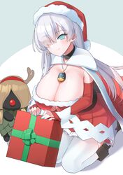  1girl absurdres akitokage01 alternate_costume anastasia_(fate) blue_eyes blue_nails breasts detached_sleeves dress fate/grand_order fate_(series) fur-trimmed_dress fur_trim hair_over_one_eye hat highres huge_breasts jewelry long_hair necklace red_dress red_headwear santa_dress santa_hat short_dress silver_hair thigh-highs viy_(fate) white_legwear 