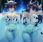  2girls against_glass animal_ears animal_print bangs bikini black_hair black_nails blueorca breast_press breasts brown_eyes chinese_zodiac choker cow_ears cow_girl cow_horns cow_print cow_tail glass_wall hair_between_eyes highres horns huge_breasts jewelry large_breasts long_hair messy_hair multiple_girls nail_polish navel night night_sky original palm_tree pendant pendant_choker pool short_hair sky swimsuit symbol_commentary tail tree violet_eyes year_of_the_ox 
