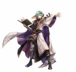  1boy armor asymmetrical_clothes bangs book boots byleth_(fire_emblem) byleth_eisner_(male) cape collar collared_shirt dagger dynamic_pose fire_emblem fire_emblem:_three_houses fire_emblem_heroes full_body gloves green_eyes green_hair hagiya_kaoru hair_ornament holding holding_book knife long_sleeves nintendo official_art sheath sheathed shirt short_hair solo weapon 