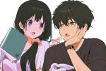  1boy 1girl artist_logo bangs blush book brown_hair chitanda_eru feeding green_eyes hair_ornament hair_scrunchie holding hyouka long_hair mery_(yangmalgage) open_book open_mouth oreki_houtarou scrunchie short_hair watch watch 