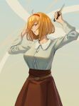  1girl ahoge blonde_hair bob_cut breasts brown_skirt character_request grey_shirt hairband hand_up hands_up highres holding holding_knife knife kyuukyoku_shinka_shita_full_dive_rpg_ga_genjitsu_yori_mo_kusoge_dattara large_breasts long_skirt long_sleeves looking_at_viewer noccu open_mouth parted_lips reverse_grip shirt sideways_glance skirt solo violet_eyes 