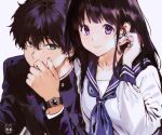  1boy 1girl bangs black_hair blue_neckwear blue_sailor_collar blunt_bangs chitanda_eru couple gakuran green_eyes highres hyouka kamiyama_high_school_uniform long_hair looking_at_viewer mery_(yangmalgage) neckerchief oreki_houtarou sailor_collar school_uniform serafuku simple_background upper_body violet_eyes watch watch white_background 