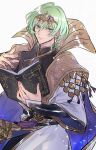  1boy alternate_costume alternate_hair_color asymmetrical_clothes bangs black_shirt book byleth_(fire_emblem) byleth_eisner_(male) cape closed_mouth collar collared_shirt commentary_request enlightened_byleth_(male) eyebrows_visible_through_hair fingernails fire_emblem fire_emblem:_three_houses fire_emblem_heroes green_eyes green_hair hair_between_eyes hair_ornament highres holding holding_book jewelry long_sleeves looking_at_viewer male_focus mizuno_(iori-amu) official_alternate_costume shiny shiny_hair shirt short_hair simple_background solo white_background wide_sleeves 
