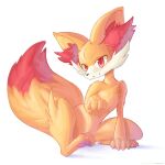  :3 absurdres ancesra animal_ear_fluff animal_focus artist_name claws closed_mouth commentary english_commentary fennekin full_body gen_6_pokemon hand_up highres looking_at_viewer no_humans patreon_username pawpads pokemon pokemon_(creature) red_eyes sideways_mouth simple_background sitting solo watermark web_address white_background yellow_theme 