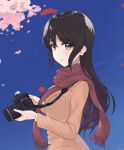  1girl bangs black_hair blazer blue_background blue_sky brown_eyes brown_jacket brown_scarf camera closed_mouth commentary day eyebrows_visible_through_hair fringe_trim highres holding holding_camera jacket kimi_tsuru light_frown long_hair long_sleeves looking_at_viewer original outdoors scarf single-lens_reflex_camera sky solo standing upper_body 
