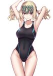  1girl armpits arms_behind_head arms_up bare_shoulders black_swimsuit blonde_hair blue_eyes blush breasts diadem elfenlied22 fate/grand_order fate_(series) highleg highleg_swimsuit large_breasts looking_at_viewer medium_hair one-piece_swimsuit pollux_(fate) solo swimsuit thighs twintails 