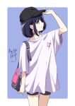  1girl adjusting_clothes adjusting_headwear artist_name backpack bag bangs baseball_cap bike_shorts black_eyes black_hair black_headwear black_shorts blue_background bob_cut border carrying closed_mouth commentary cowboy_shot dated hat highres looking_to_the_side nii_manabu original outside_border oversized_clothes shirt short_hair shorts signature smile solo standing t-shirt white_border white_shirt 