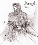  1boy armor bracer character_name circlet closed_mouth dated greyscale holding holding_sword holding_weapon kazuki-mendou legendarium long_hair male_focus monochrome scabbard sheath signature solo standing sword the_silmarillion turin unsheathing weapon 