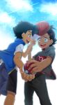  2boys :d absurdres artist_name ash_ketchum bangs baseball_cap black_hair blue_eyes blue_jacket brown_eyes character_name clouds commentary_request dark-skinned_male dark_skin day eye_contact eyelashes goh_(pokemon) hair_ornament hat highres holding holding_poke_ball jacket looking_at_another male_focus multiple_boys number open_mouth outdoors poke_ball poke_ball_(basic) pokemon pokemon_(anime) pokemon_swsh_(anime) red_headwear shirt short_sleeves shorts sky sleeveless sleeveless_jacket smile teeth tongue watermark white_shirt ze_(0enmaitake) 